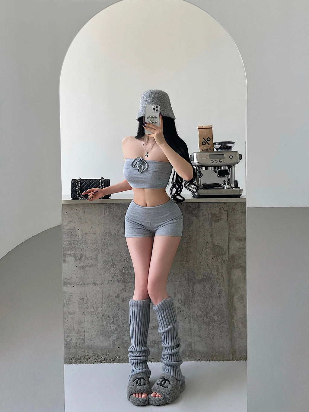 Crop Top & Fold Waist Shorts Set - Beige - worn styling | Veloria