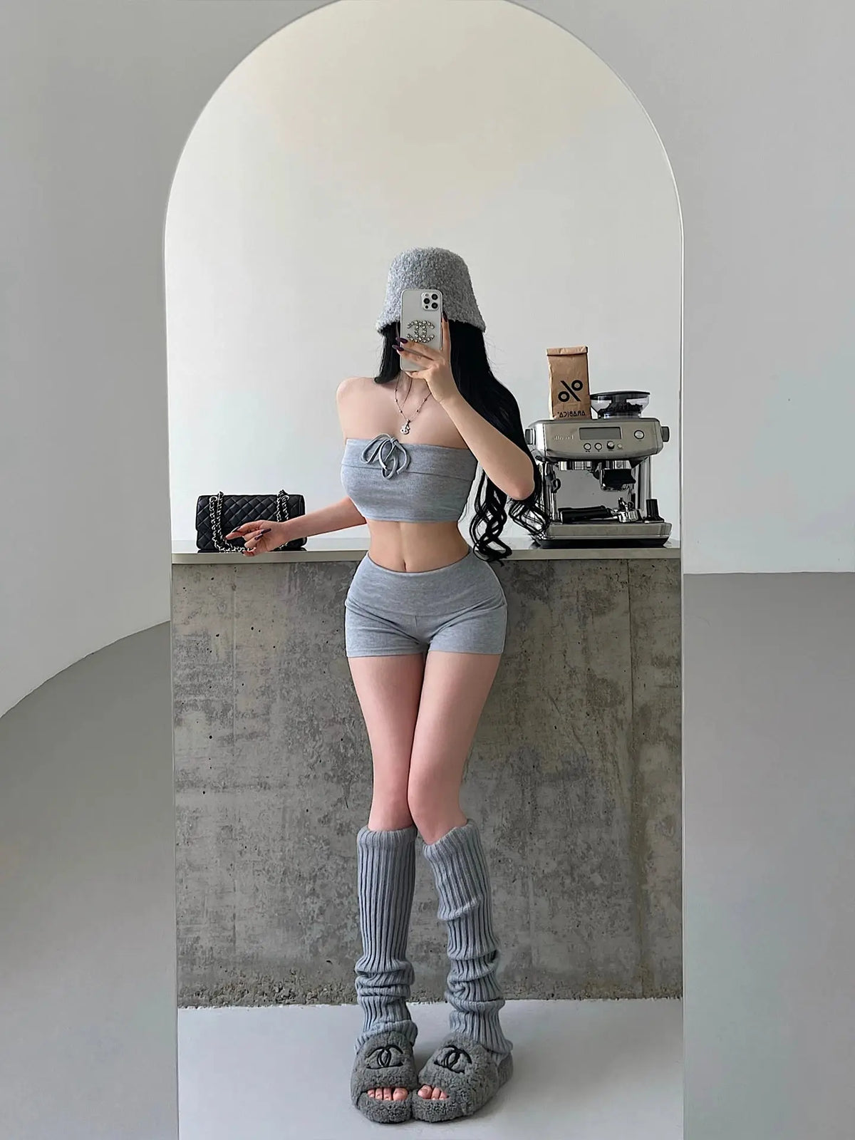 Crop Top & Fold Waist Shorts Set - Beige - worn styling | Veloria