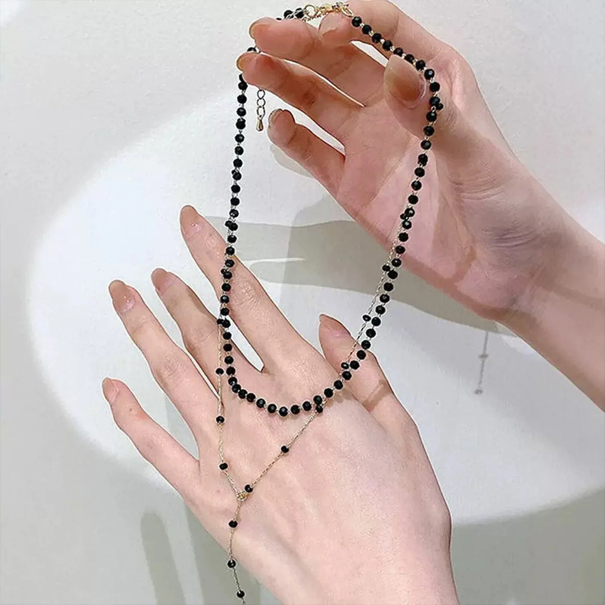 Black Crystal Layered Necklace - Y Choker - product view | Veloria