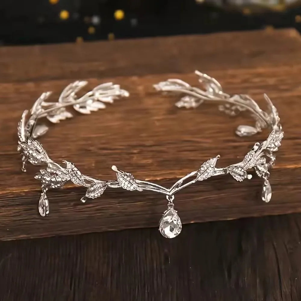 Crystal Leaf Tiara Crown - waterdrop crystals close-up | Veloria