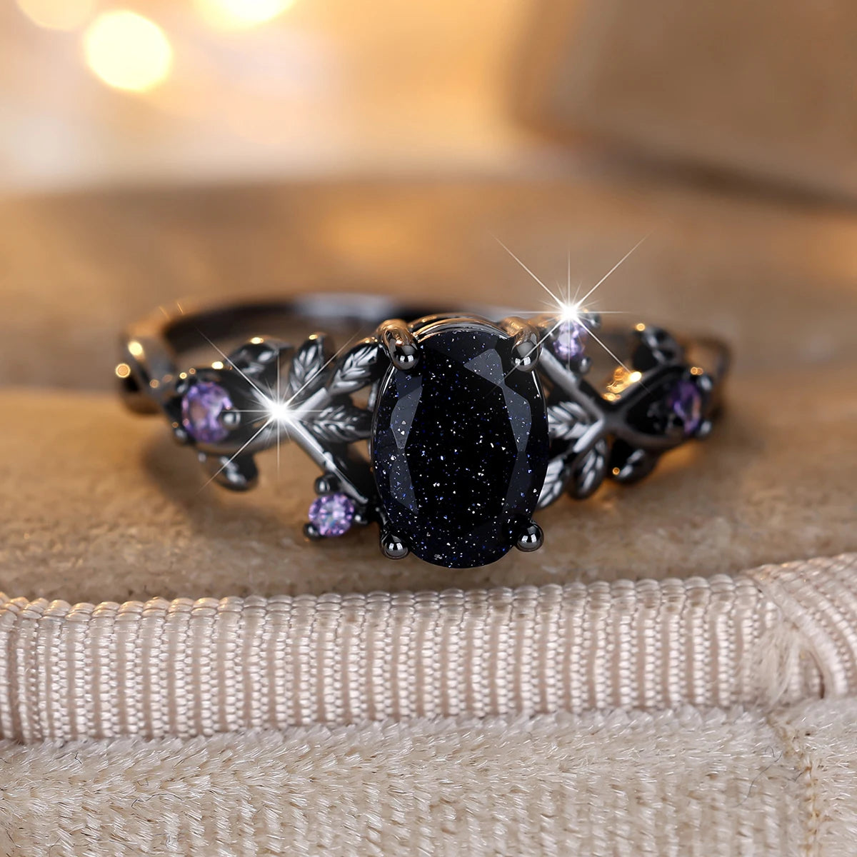 Blue Oval Zircon Ring - Vintage Black Metal - side detail | Veloria