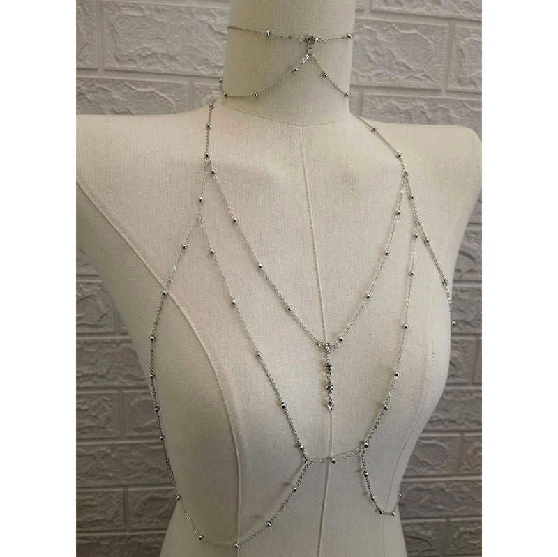 Crystal metal body chain bikini jewelry for women - worn by a woman, front view | Veloria