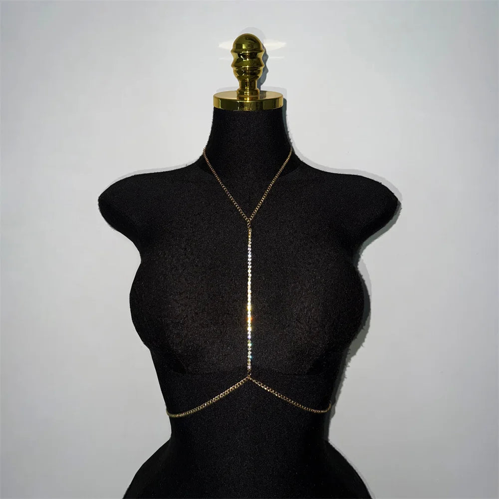 Y-shape rhinestone body chain necklace with waist wrap for women - back view on model | Veloria
