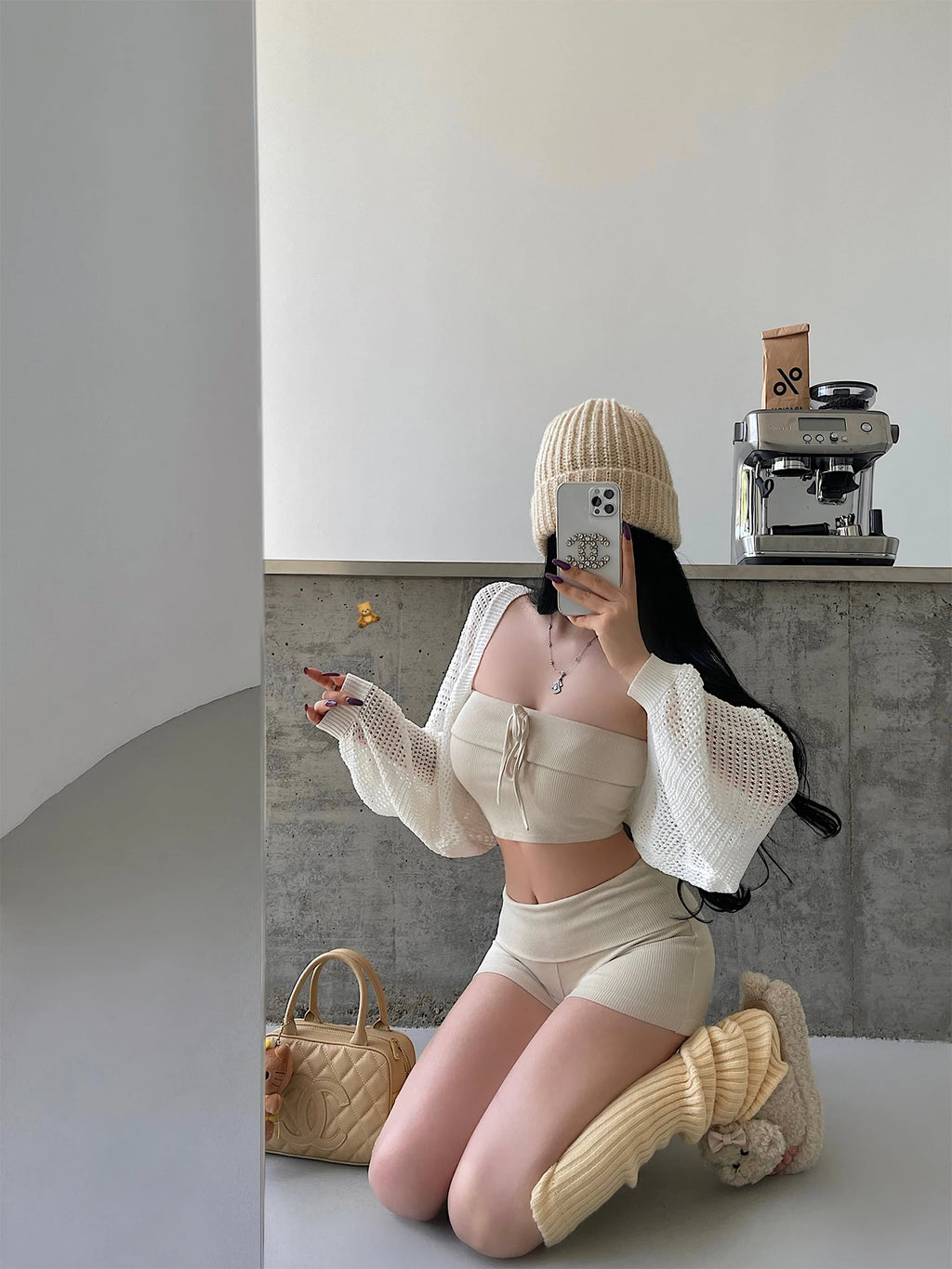 Crop Top & Fold Waist Shorts Set - Beige - product view | Veloria