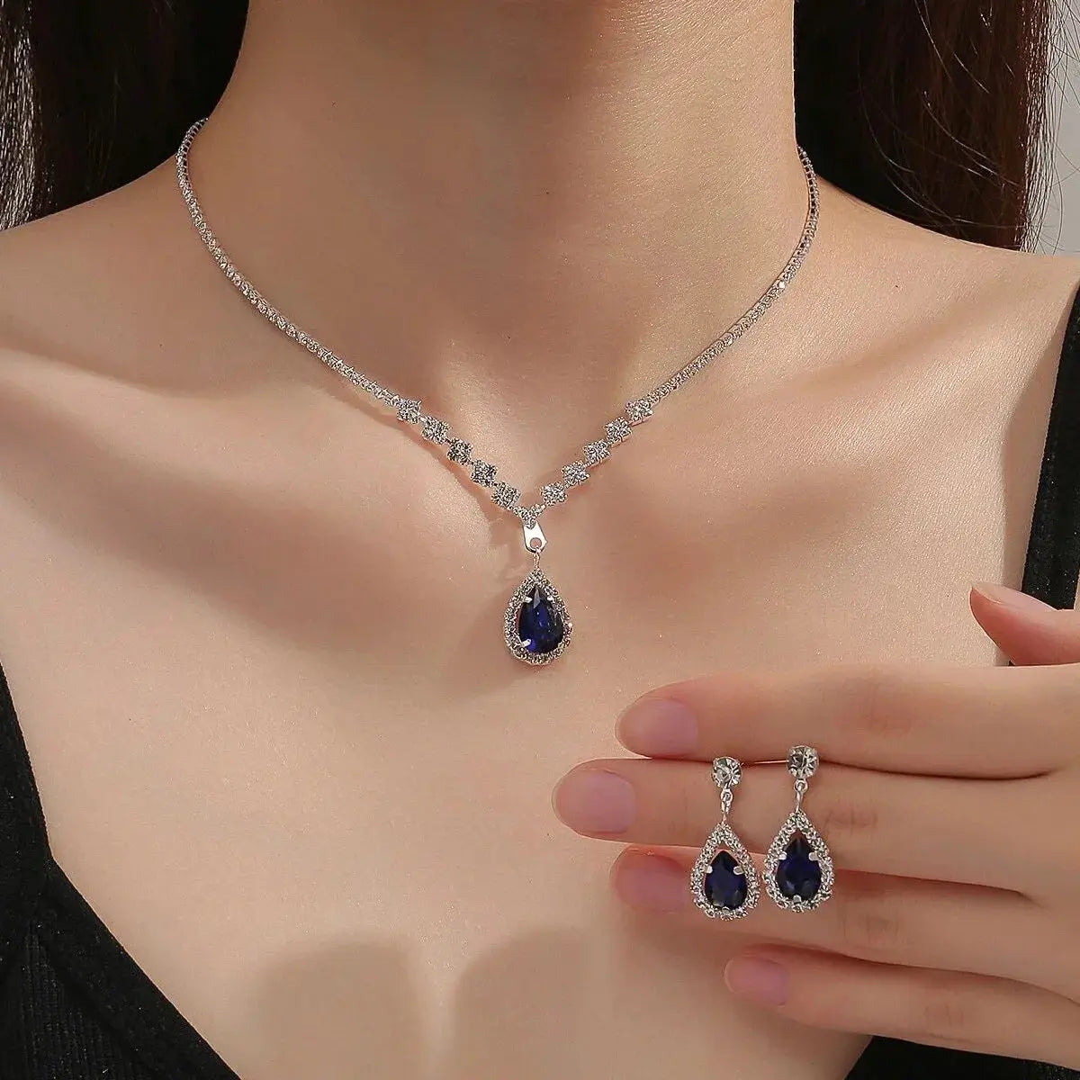 Water Drop Jewelry Set - 3PC necklace set worn by model | Veloria