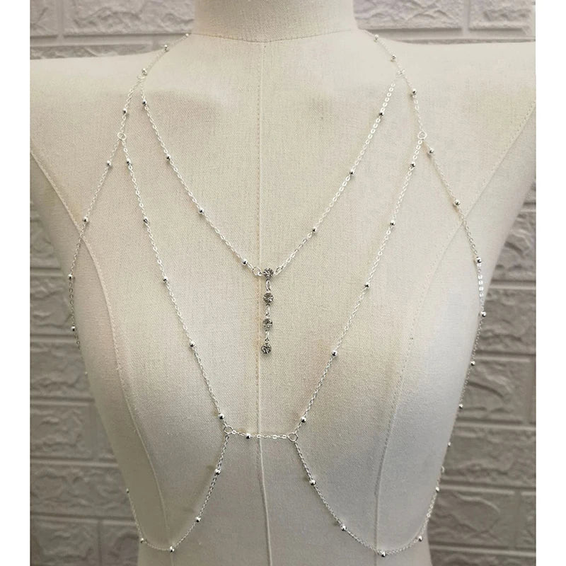 Crystal metal body chain bikini jewelry for women - back view on model | Veloria