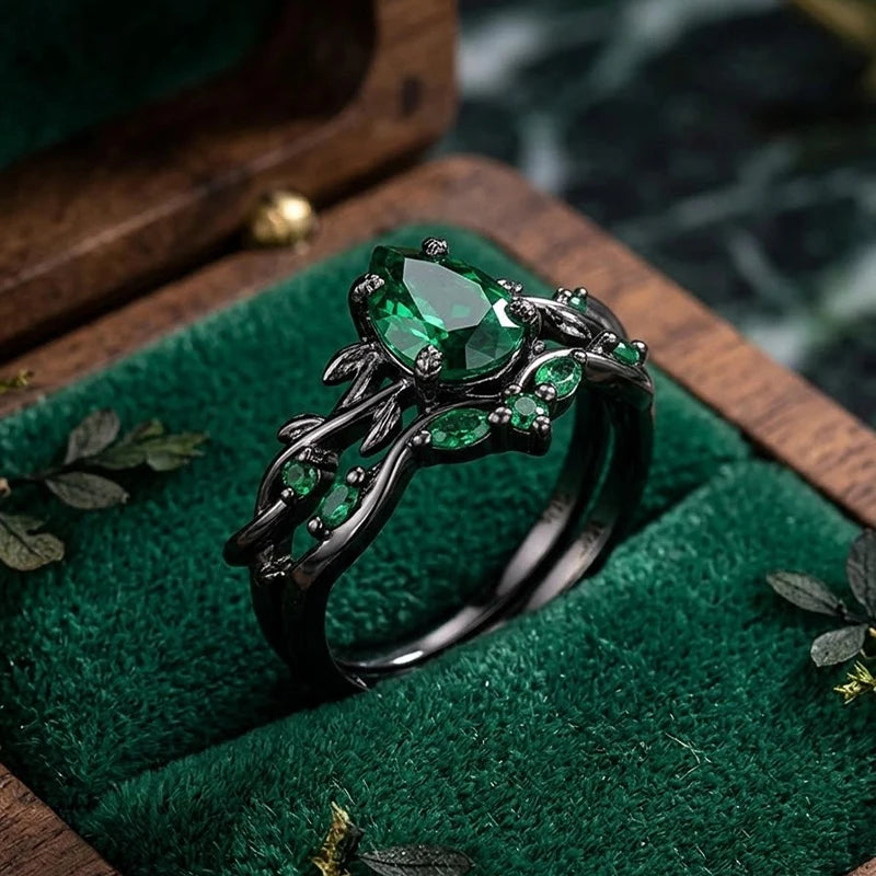 Green CZ Ring Set - 2PC stack rings worn by model | Veloria