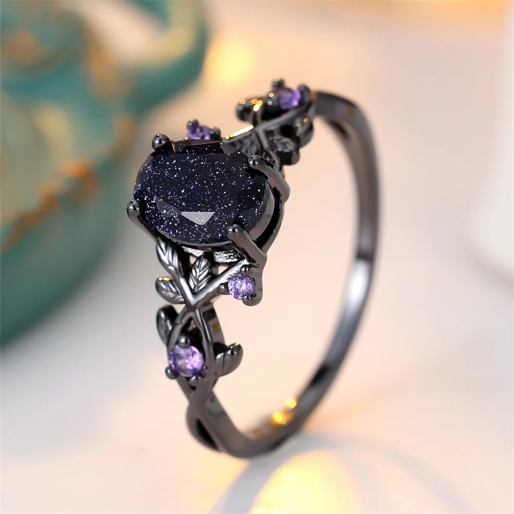 Blue Oval Zircon Ring - Vintage Black Metal - detail view | Veloria
