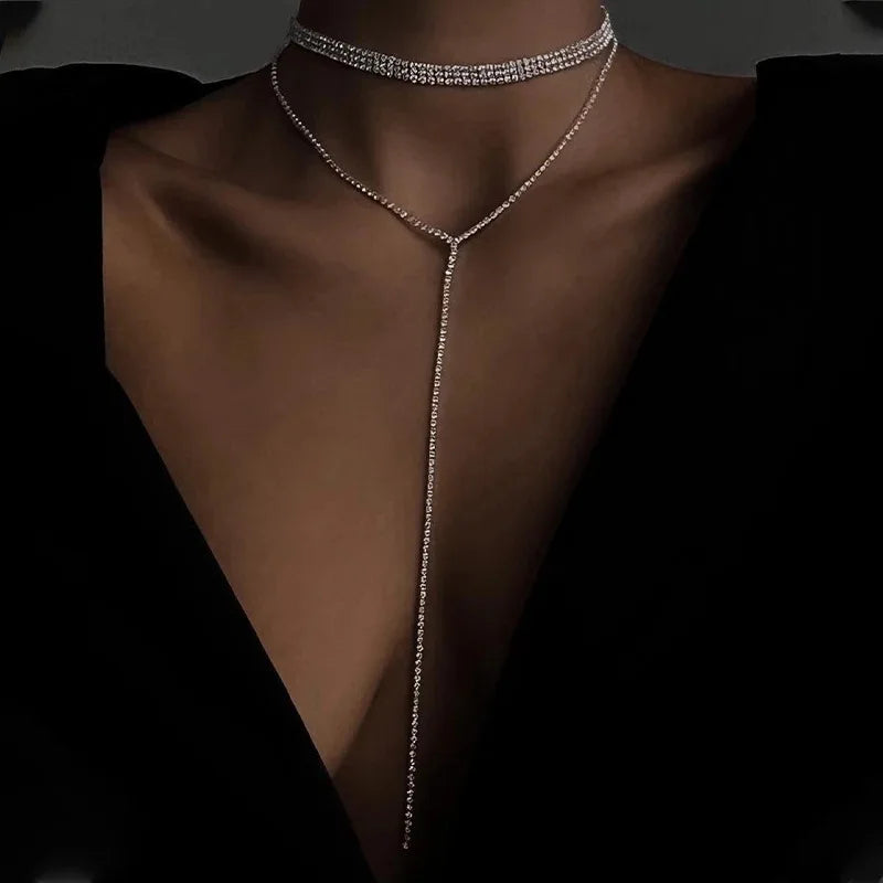Black Rhinestone Tassel Choker Necklace - side view | Veloria
