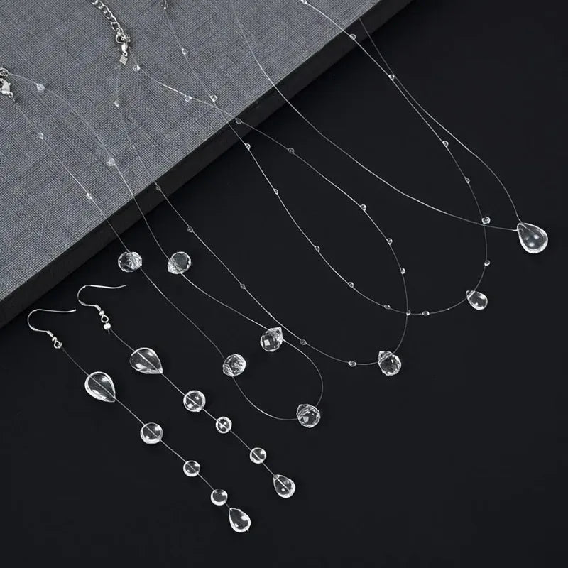Clear Water Drop Necklace & Bracelet Set - worn styling | Veloria