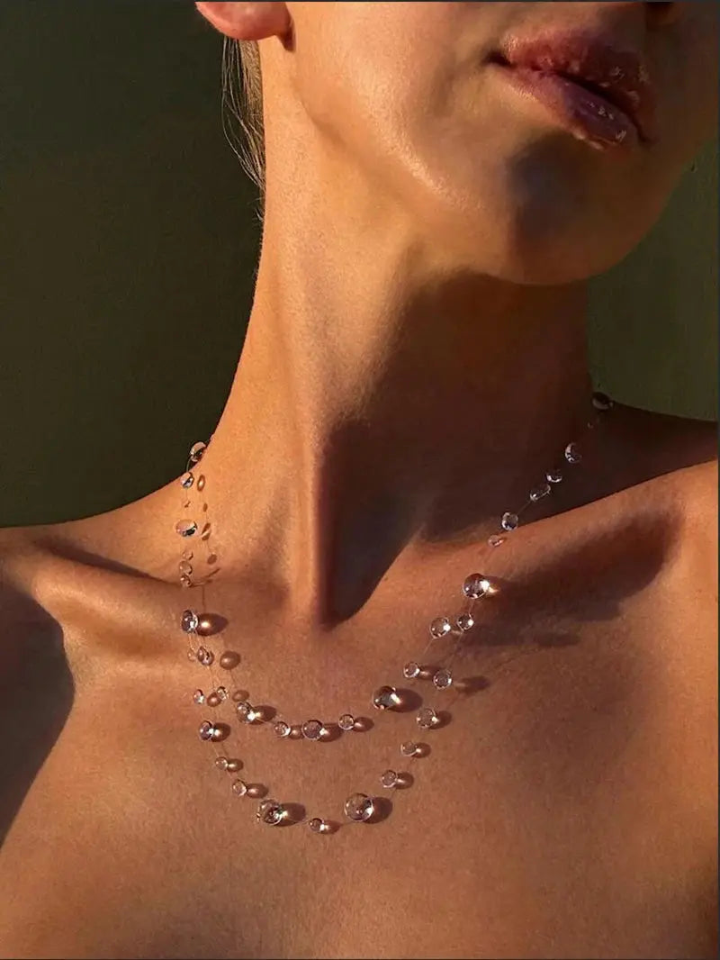 Clear Dewdrop Tassel Pendant Necklace - worn styling | Veloria