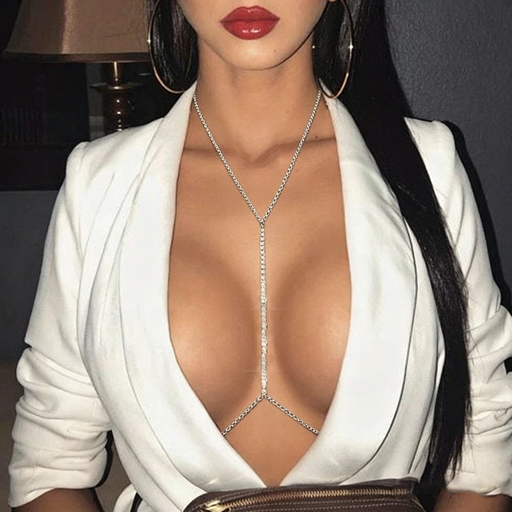 Y-shape rhinestone body chain necklace with waist wrap for women - close-up detail | Veloria
