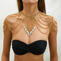Metal shoulder body chain with tassel arm chain for women - full outfit view | Veloria