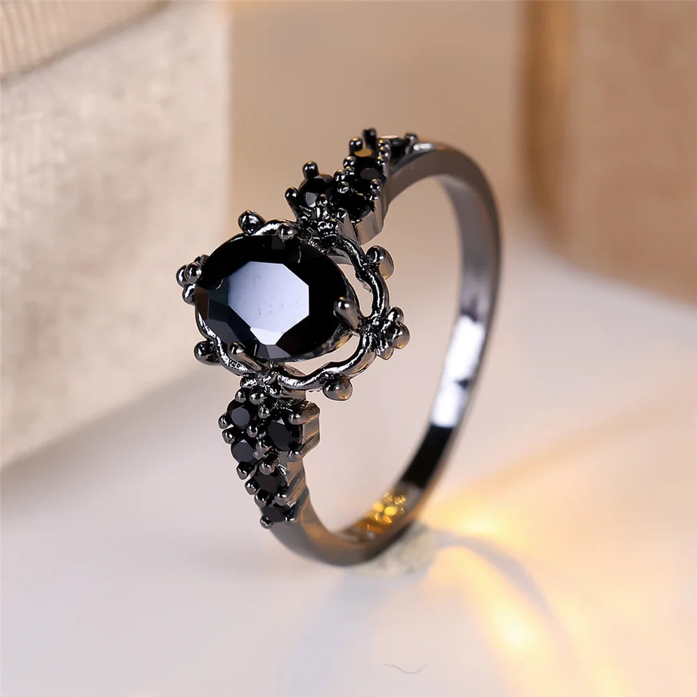 Black Oval Zircon Ring - Promise Engagement - detail view | Veloria