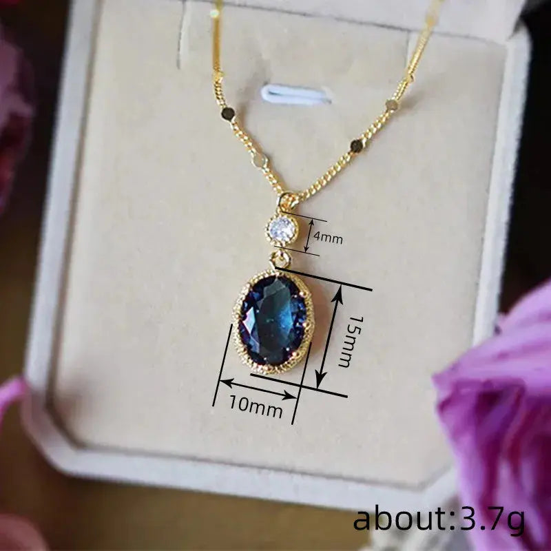 Oval Blue Stone Necklace - 925 Silver Pendant - side detail | Veloria