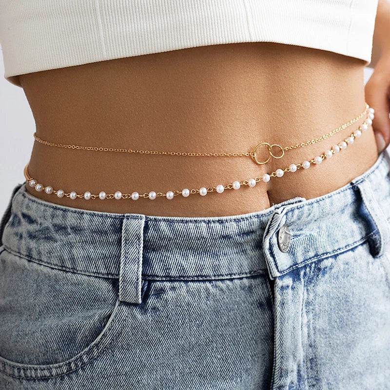 Vintage pearl belly body chain waist belt for women - lifestyle photo | Veloria