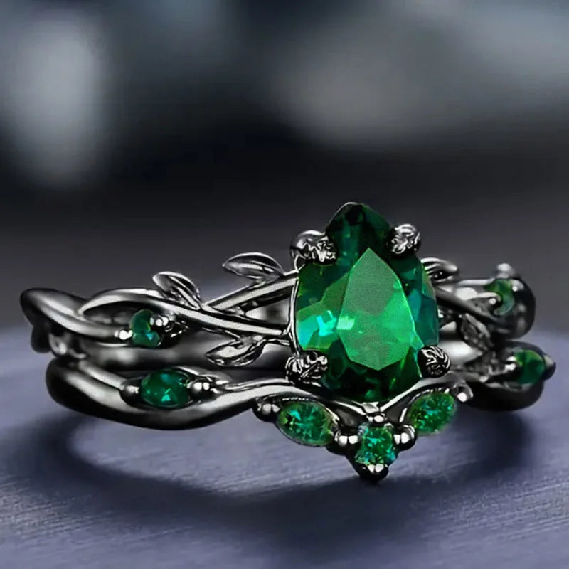 Green CZ Ring Set - black band close-up | Veloria