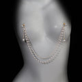 Layered pearl tassel chest chain body chain for women - worn by a woman, front view | Veloria