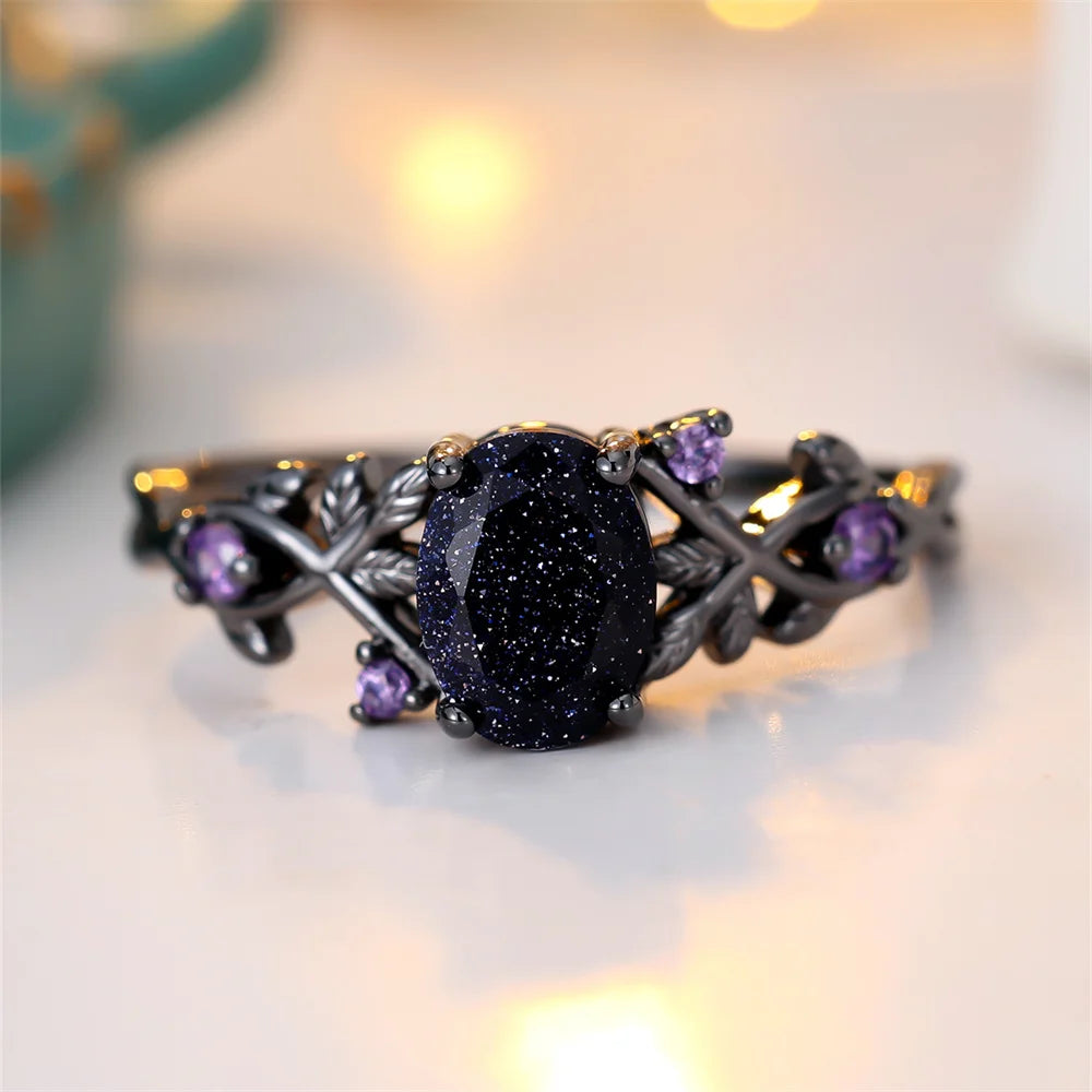 Blue Oval Zircon Ring - Vintage Black Metal - close-up detail | Veloria