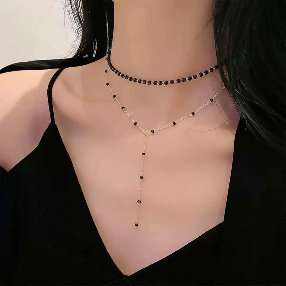 Black Crystal Layered Necklace - Y Choker worn by model | Veloria