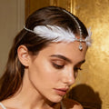 White Feather Forehead Headband - Rhinestone Head Chain front view | Veloria