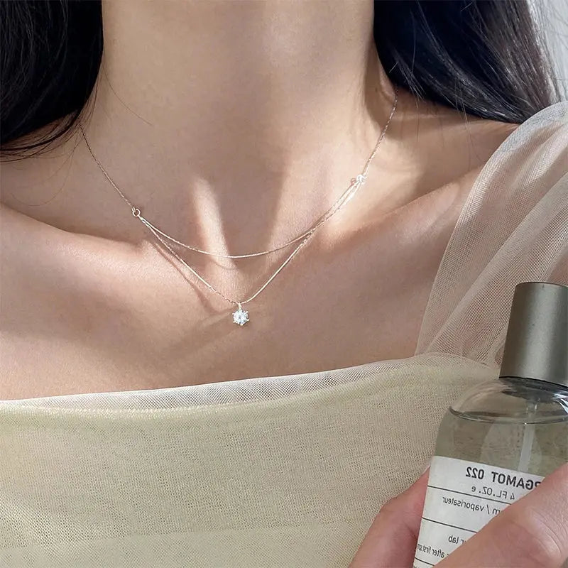 Zircon Pendant Necklace - Four Claw 925 Silver - worn by model | Veloria