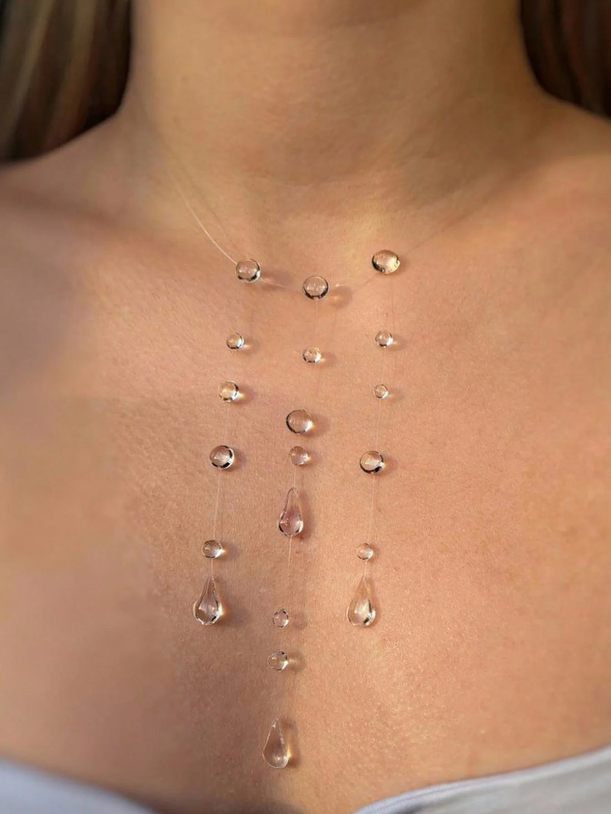 Clear Dewdrop Y Necklace - Invisible Chain - product view | Veloria