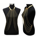 Tassel body chain long necklace for women - worn by a woman, front view | Veloria