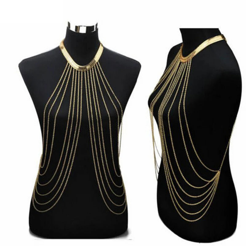 Tassel body chain long necklace for women - worn by a woman, front view | Veloria