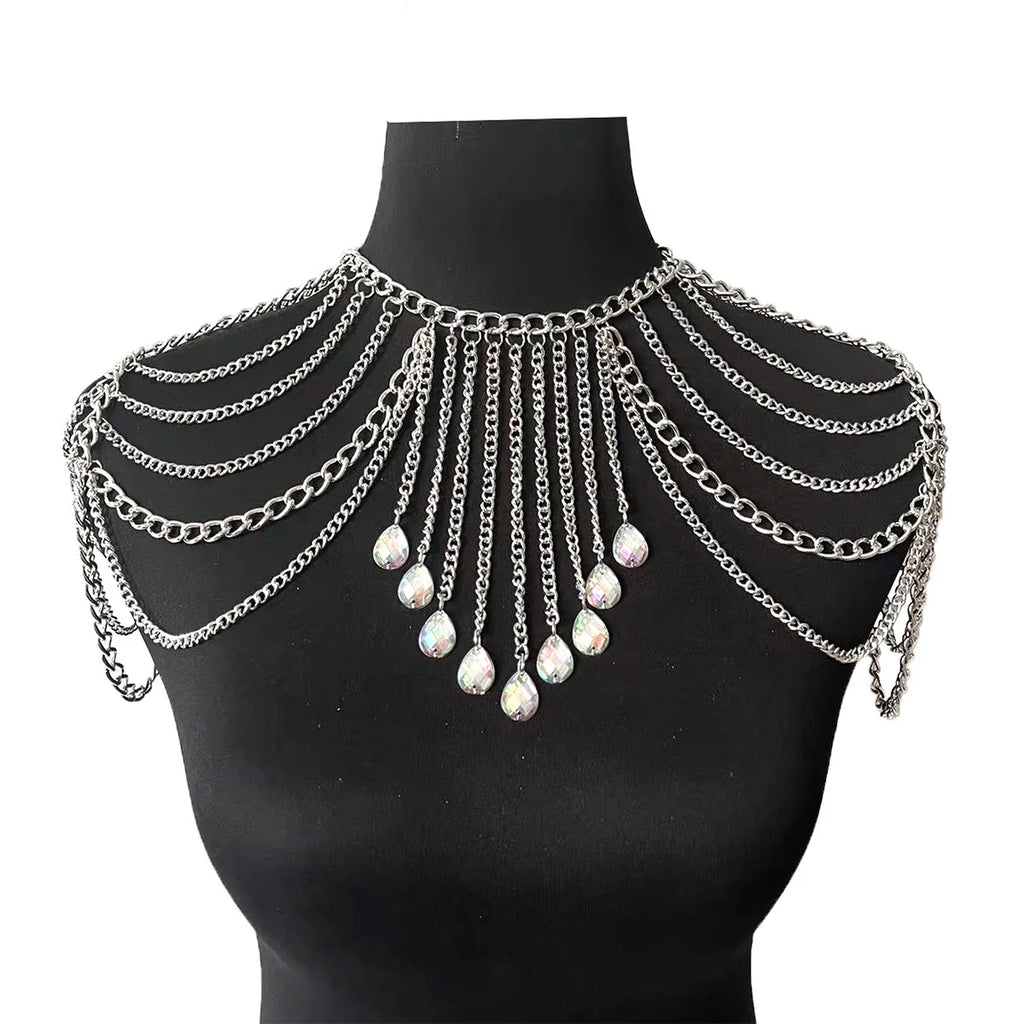 Metal shoulder body chain with tassel arm chain for women - close-up detail | Veloria
