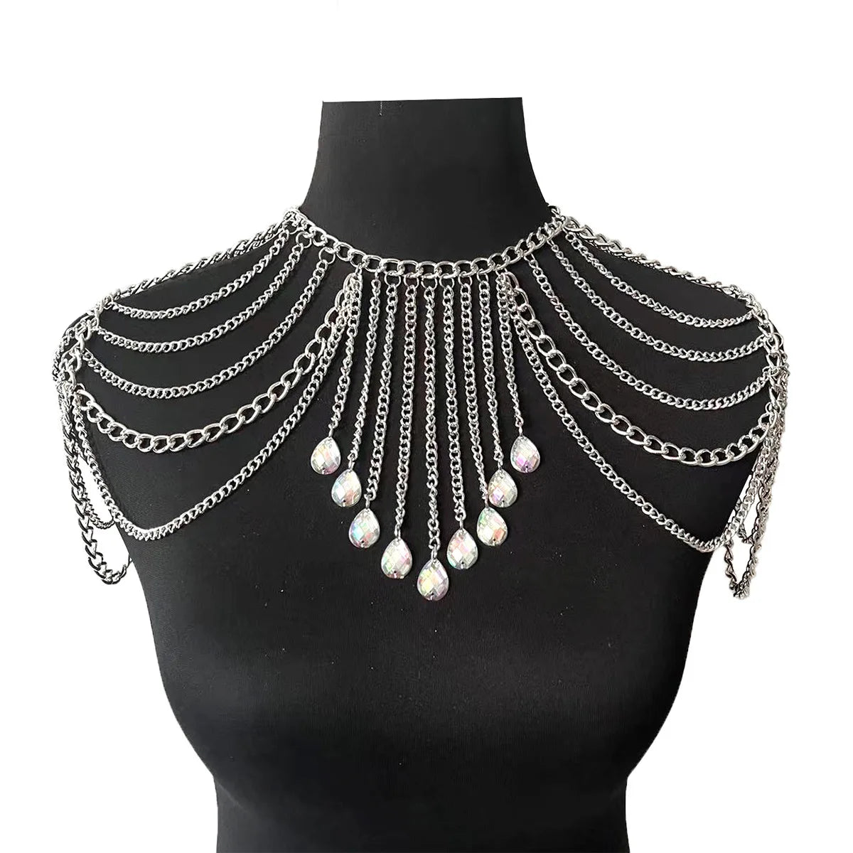 Metal shoulder body chain with tassel arm chain for women - close-up detail | Veloria