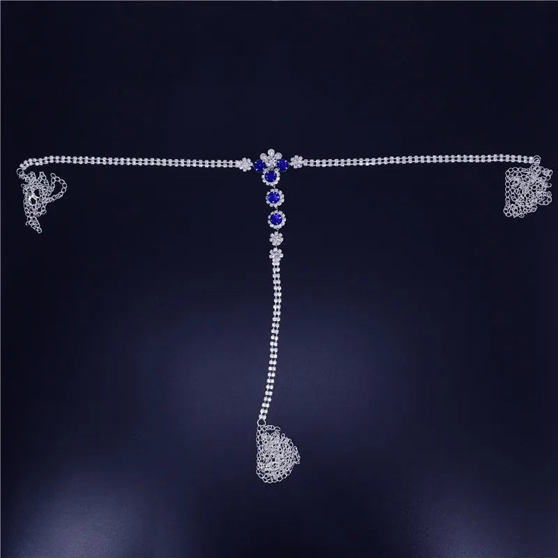 Blue and white rhinestone body waist chain for women - styled look | Veloria