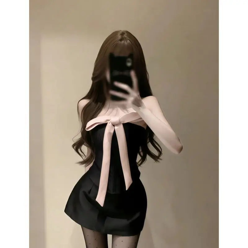 Bow Corset Top & Mini Skirt Set - Black Pink - side view | Veloria