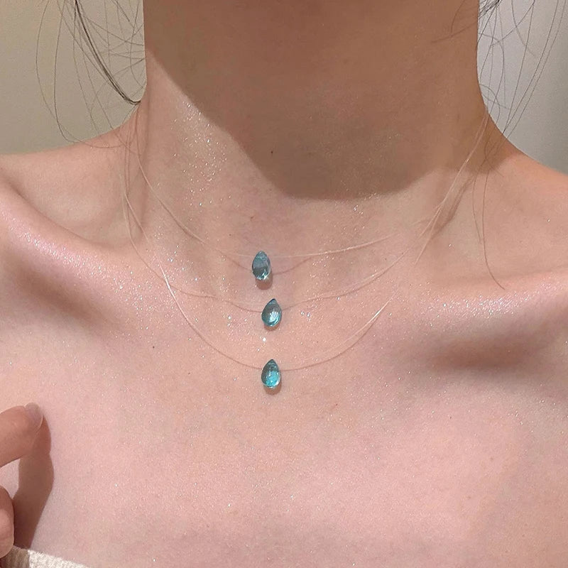 Water Droplet Pendant Necklace - Ice Glass worn by model | Veloria