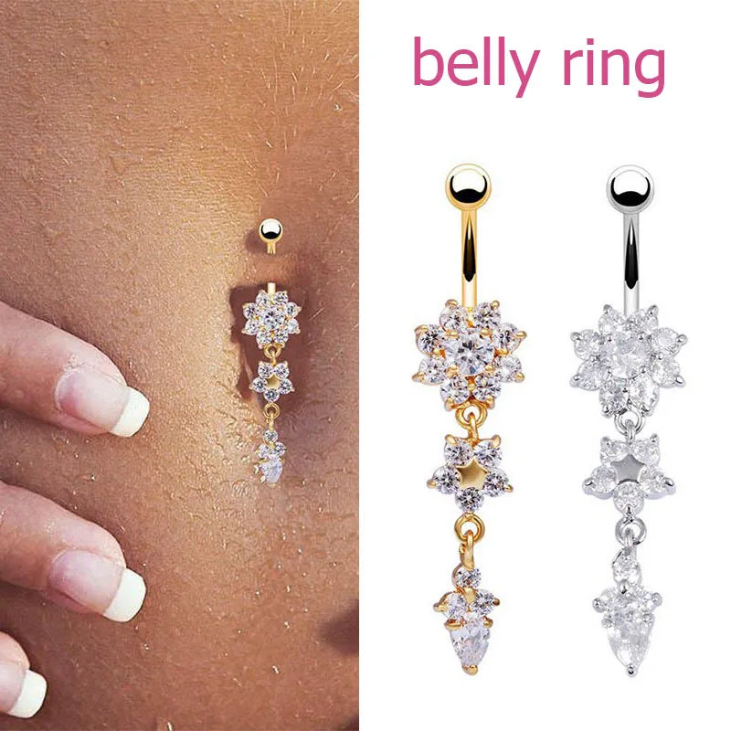 Flower pendant crystal belly button ring navel jewelry for women - worn by a woman, front view | Veloria