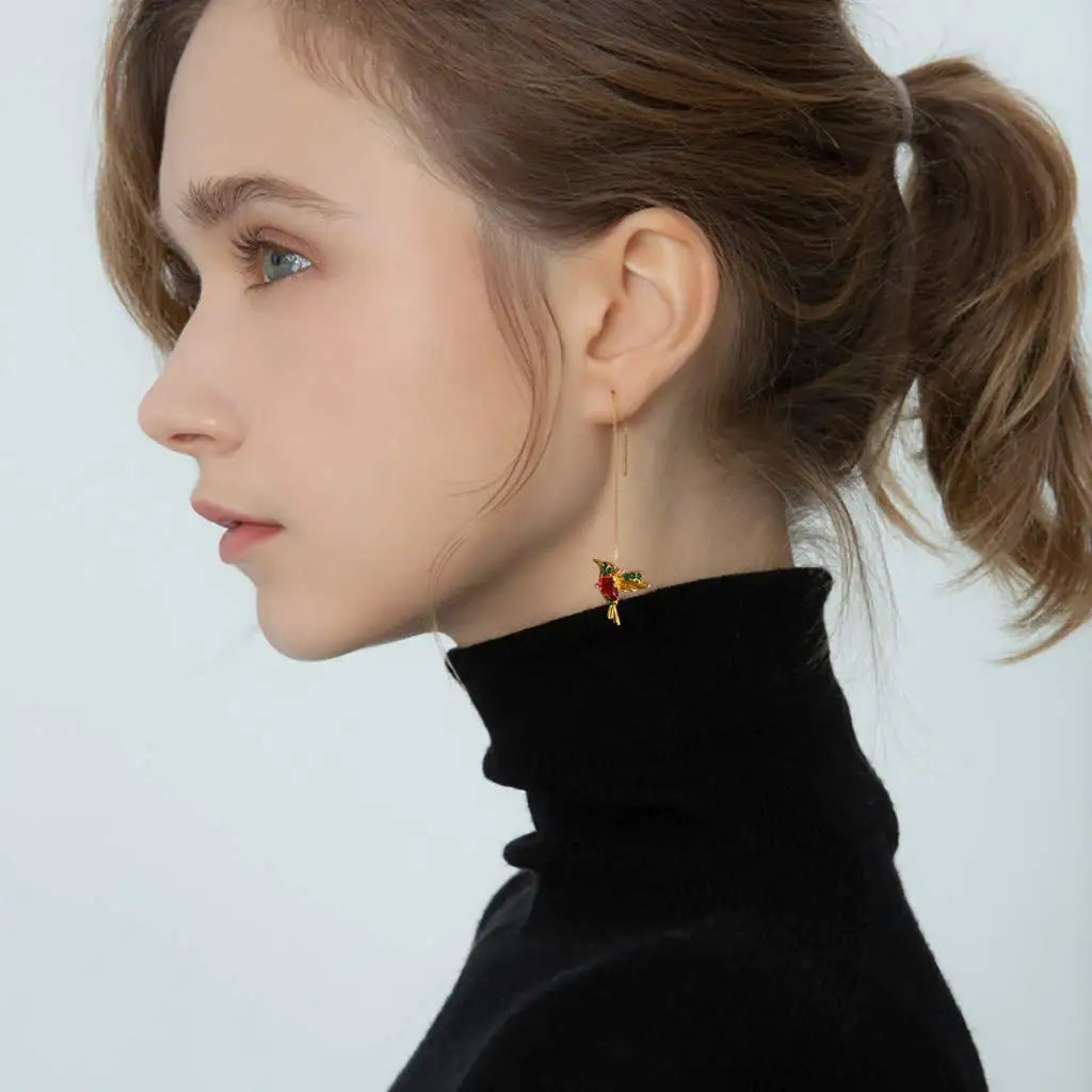 Hummingbird Dangle Earrings - long dangle drape | Veloria