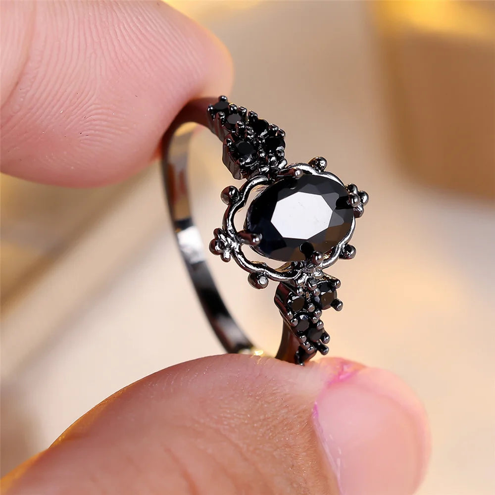 Black Oval Zircon Ring - Promise Engagement - worn by model | Veloria
