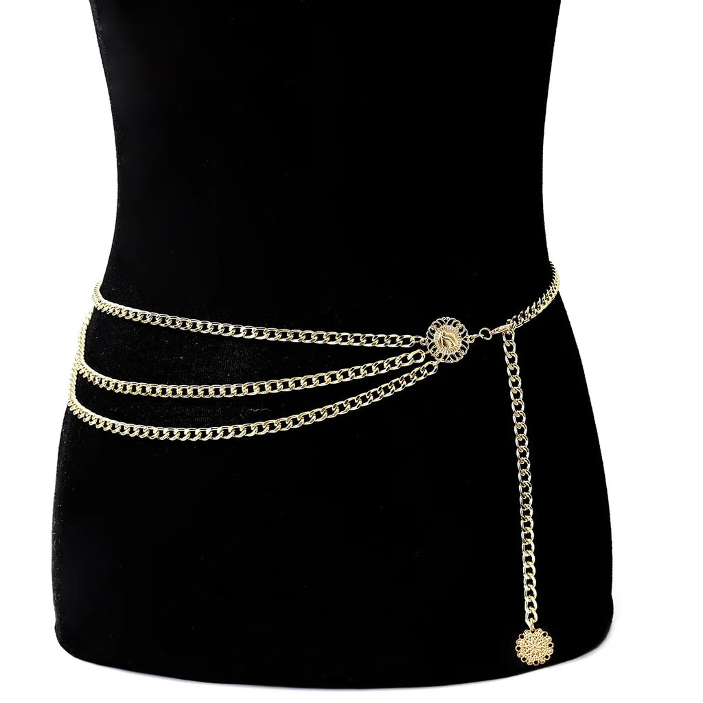 Boho sunflower coin tassel waist belly chain for women - full outfit view | Veloria