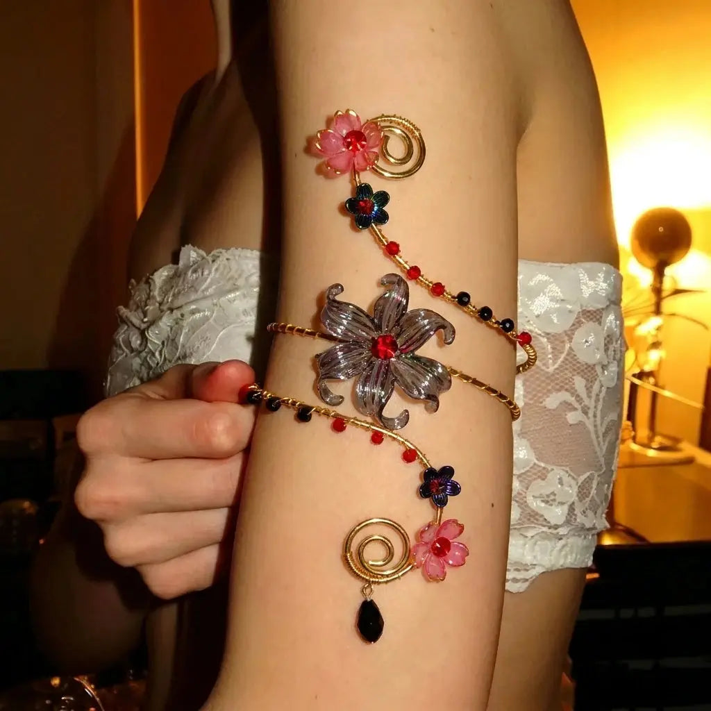 Wire Flower Arm Cuff - floral armlet worn by model | Veloria