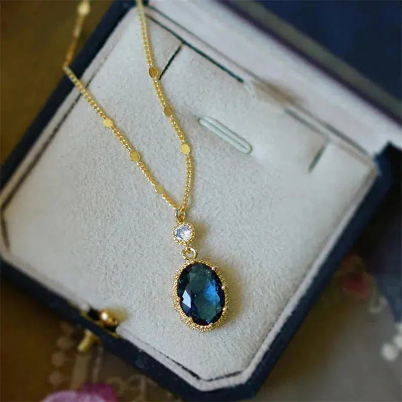 Oval Blue Stone Necklace - 925 Silver Pendant - styled look | Veloria