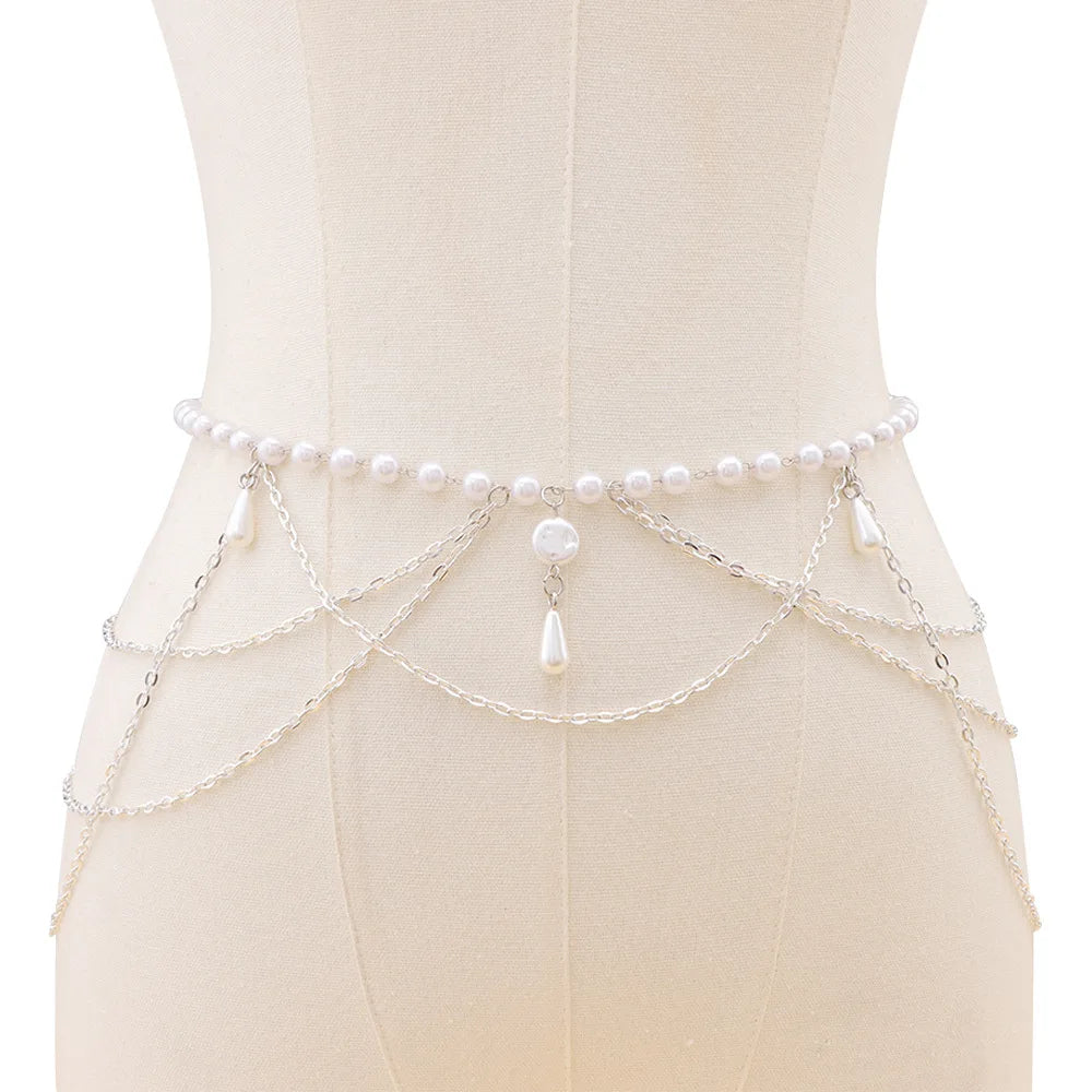 Vintage Pearl Tassel Chain Belt - waist styling on dress | Veloria
