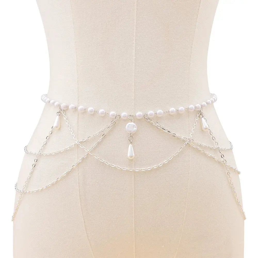 Vintage Pearl Tassel Chain Belt - waist styling on dress | Veloria