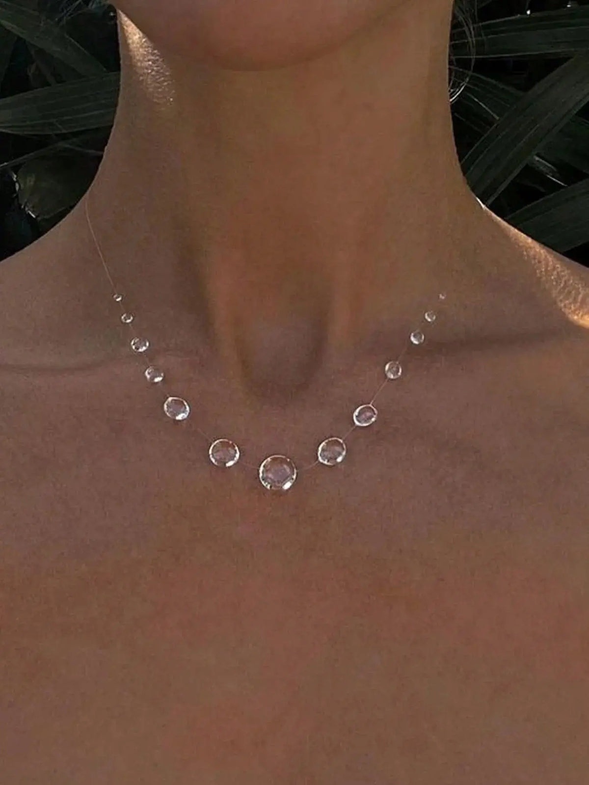 Clear Dewdrop Y Necklace - Invisible Chain - close-up detail | Veloria