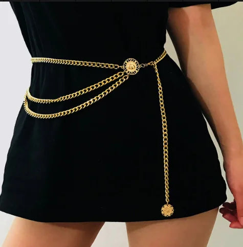 Boho sunflower coin tassel waist belly chain for women - back view on model | Veloria