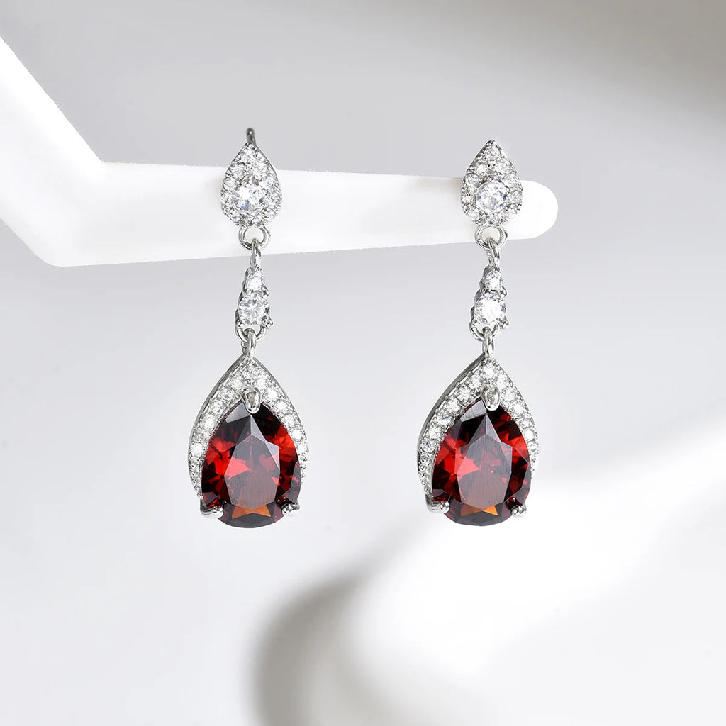 Red Water Drop Earrings - Cubic Zirconia - product view | Veloria