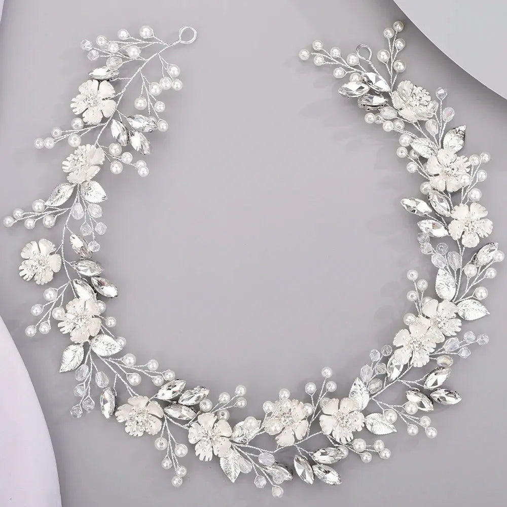 Pearl Flower Bridal Headband - Handmade front view | Veloria