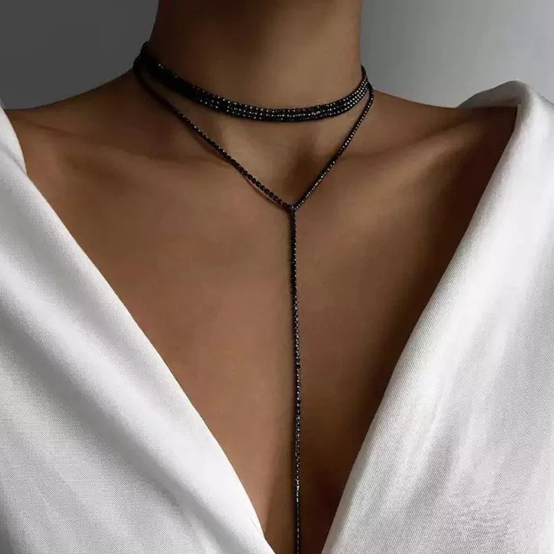 Black Rhinestone Tassel Choker Necklace worn by model | Veloria