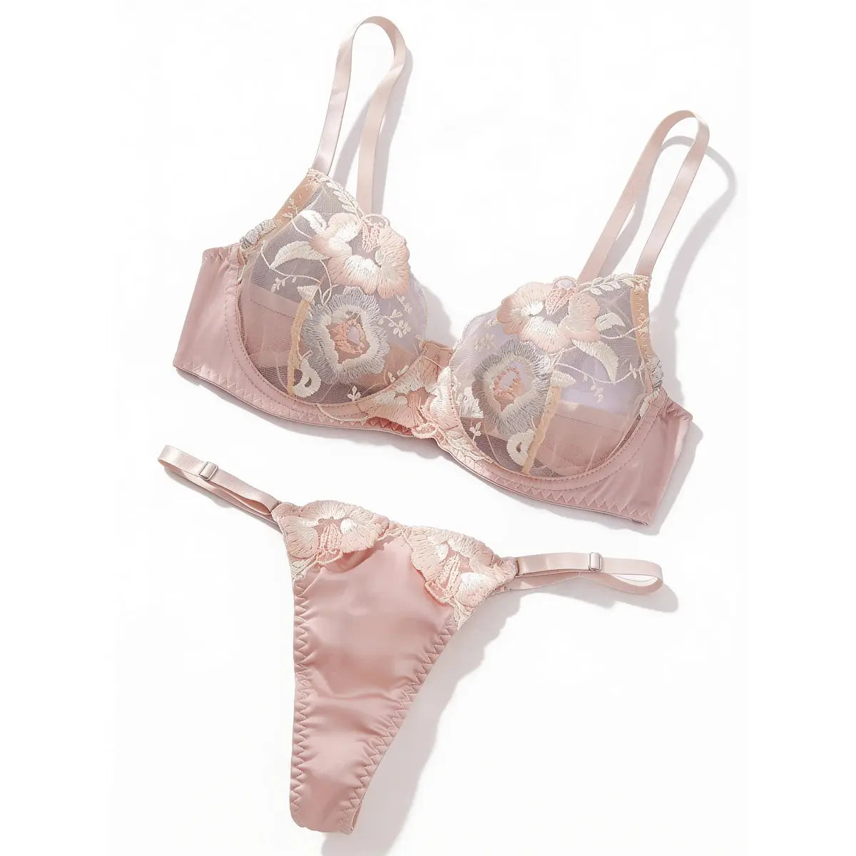 Pink Sheer Lace Bra Set - Floral - lace close-up | Veloria