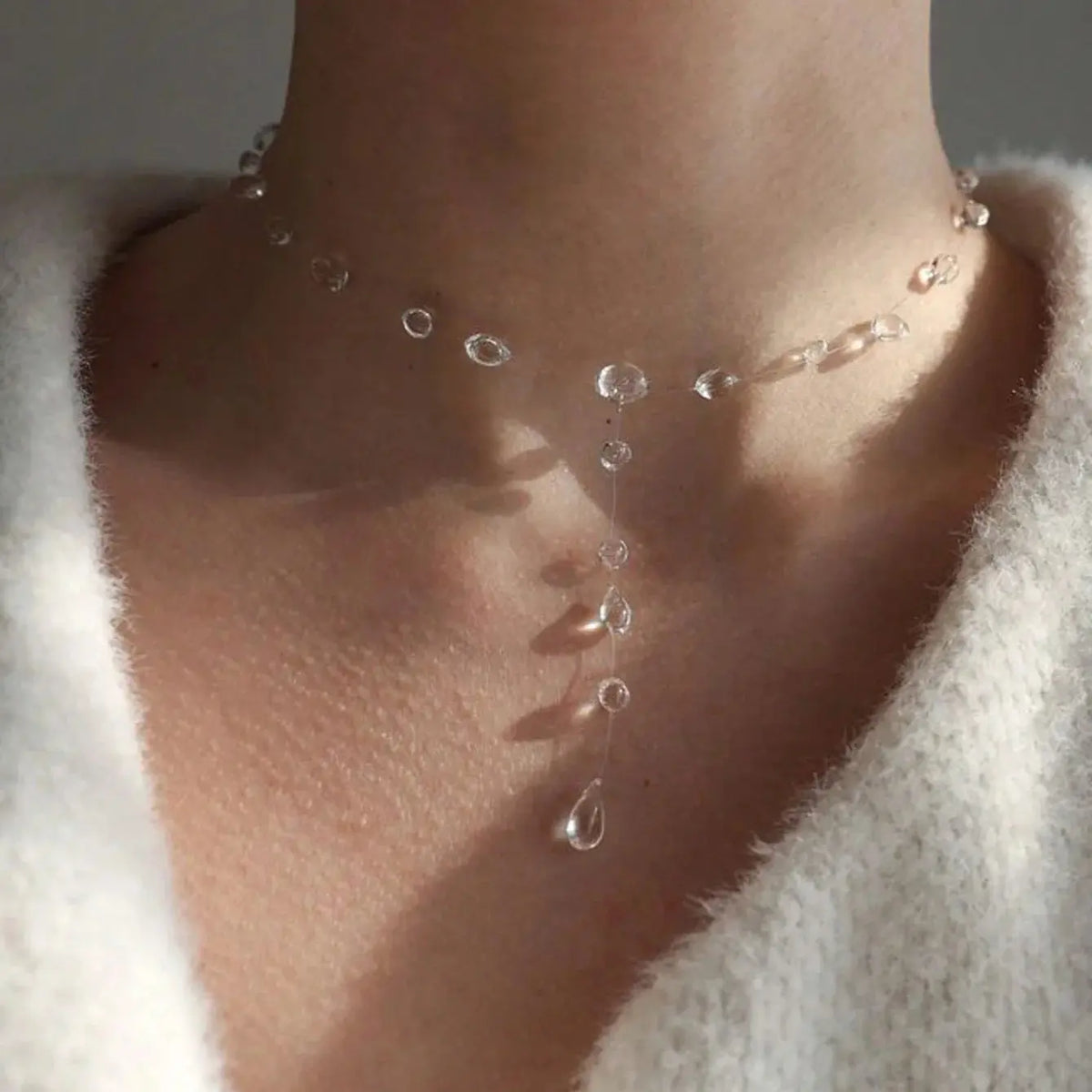 Transparent Dewdrop Necklace - Resin Water Drop - angle view | Veloria