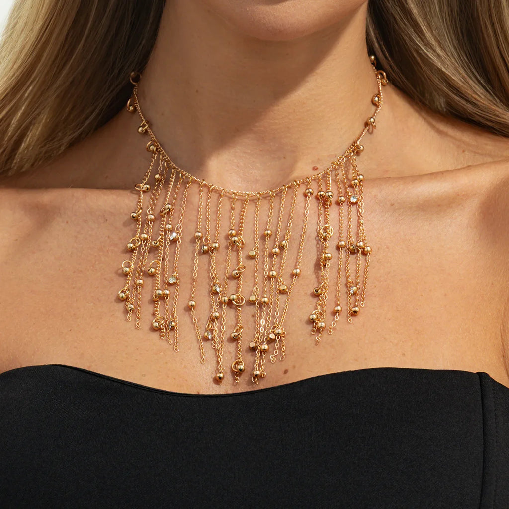 Beaded Fringe Necklace - Crystal Ball Chain - product view | Veloria